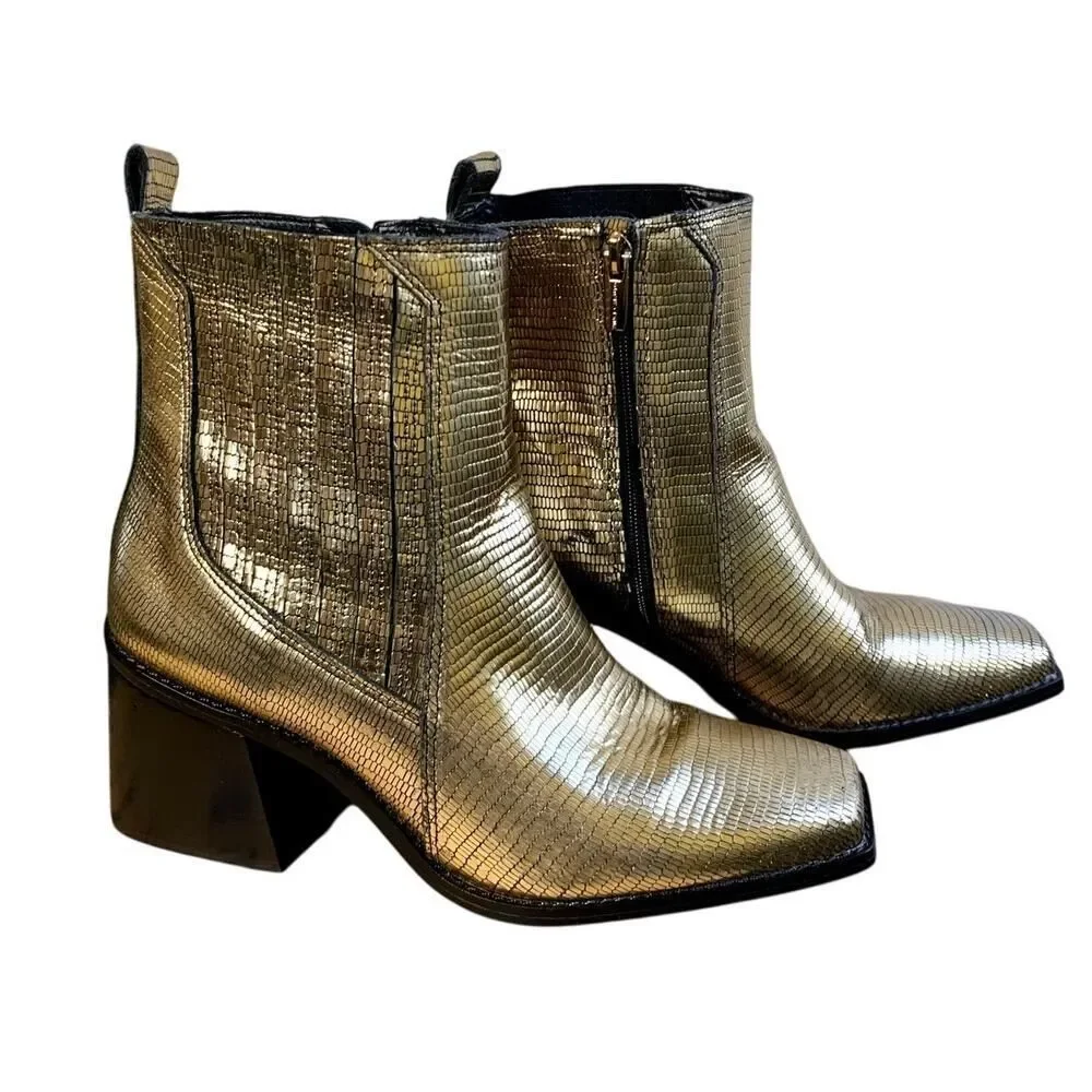 Vince Camuto Sojetta Square Toe Bootie Bronze Metallic Lizard size 9